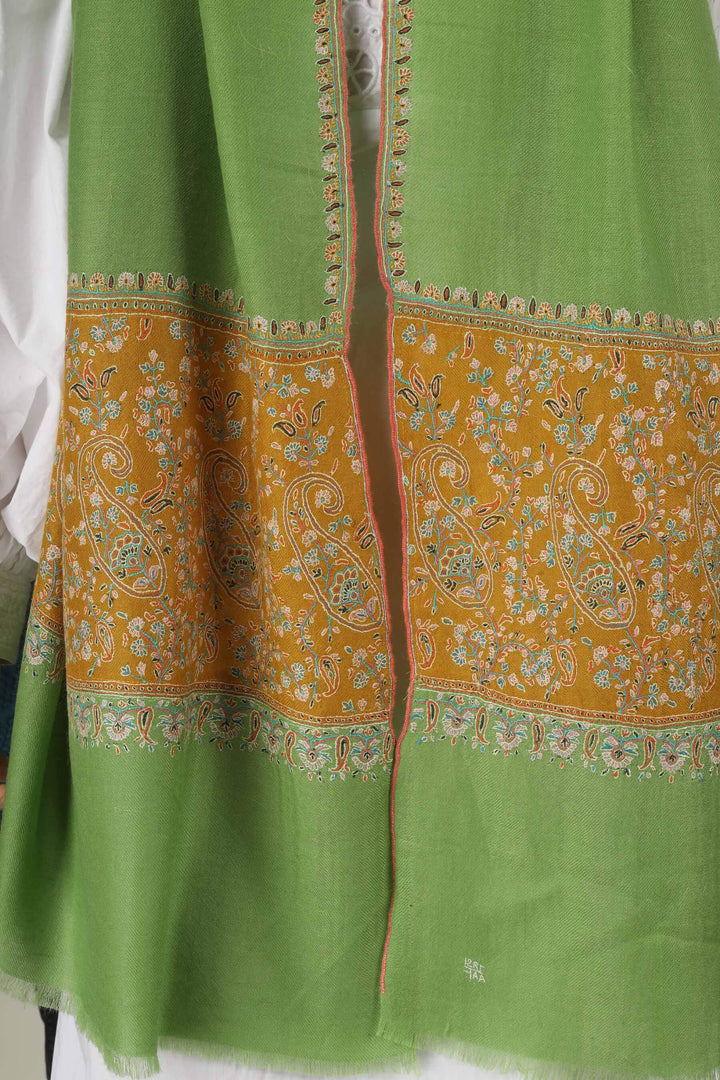 Hand-embroidered green and mustard-gold dual-tone pure Pashmina stole with multi-colored Sozni paisley needlework from Kepra.
    
      | pashmina shawls online | authentic Kashmiri pashmina shawl online | pure pashmina shawl online | original GI certified pashmina shawl online | luxury men's pashmina shawl online from Kashmir | where to buy online pure pashmina in India
    
    | GI Tag Certified - Government-verified authentic Kashmiri Pashmina
    | G20 Official Partner - Selected by India for G20 Summit gifting
    | Handicraft Registered - Official recognition of traditional craftsmanship
    | Certificate of Authenticity - Every purchase includes GI certification