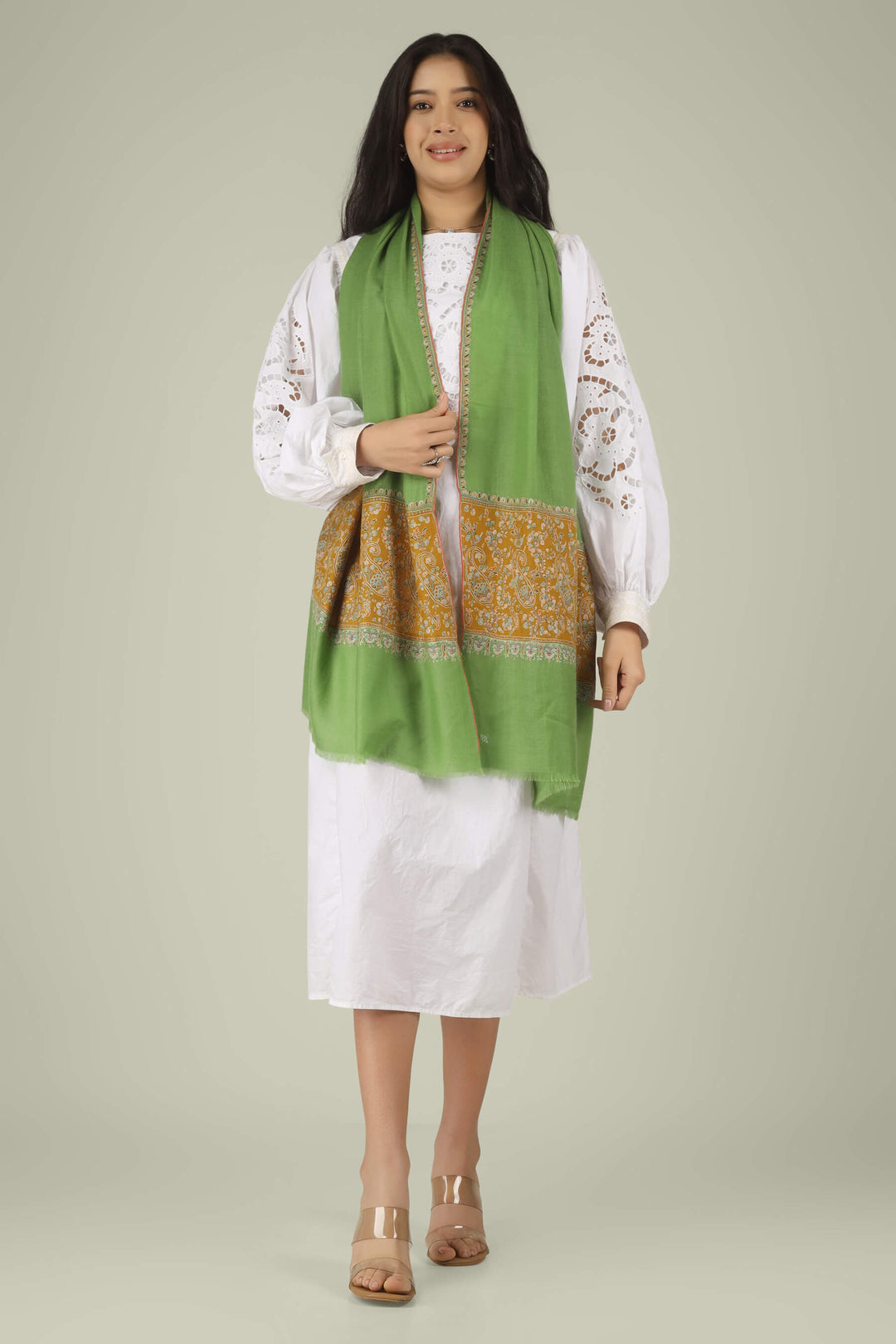 Hand-embroidered green and mustard-gold dual-tone pure Pashmina stole with multi-colored Sozni paisley needlework from Kepra.