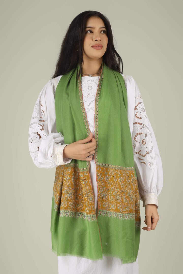 Hand-embroidered green and mustard-gold dual-tone pure Pashmina stole with multi-colored Sozni paisley needlework from Kepra.
    
      | pashmina shawls online | authentic Kashmiri pashmina shawl online | pure pashmina shawl online | original GI certified pashmina shawl online | luxury men's pashmina shawl online from Kashmir | where to buy online pure pashmina in India
    
    | GI Tag Certified - Government-verified authentic Kashmiri Pashmina
    | G20 Official Partner - Selected by India for G20 Summit gifting
    | Handicraft Registered - Official recognition of traditional craftsmanship
    | Certificate of Authenticity - Every purchase includes GI certification