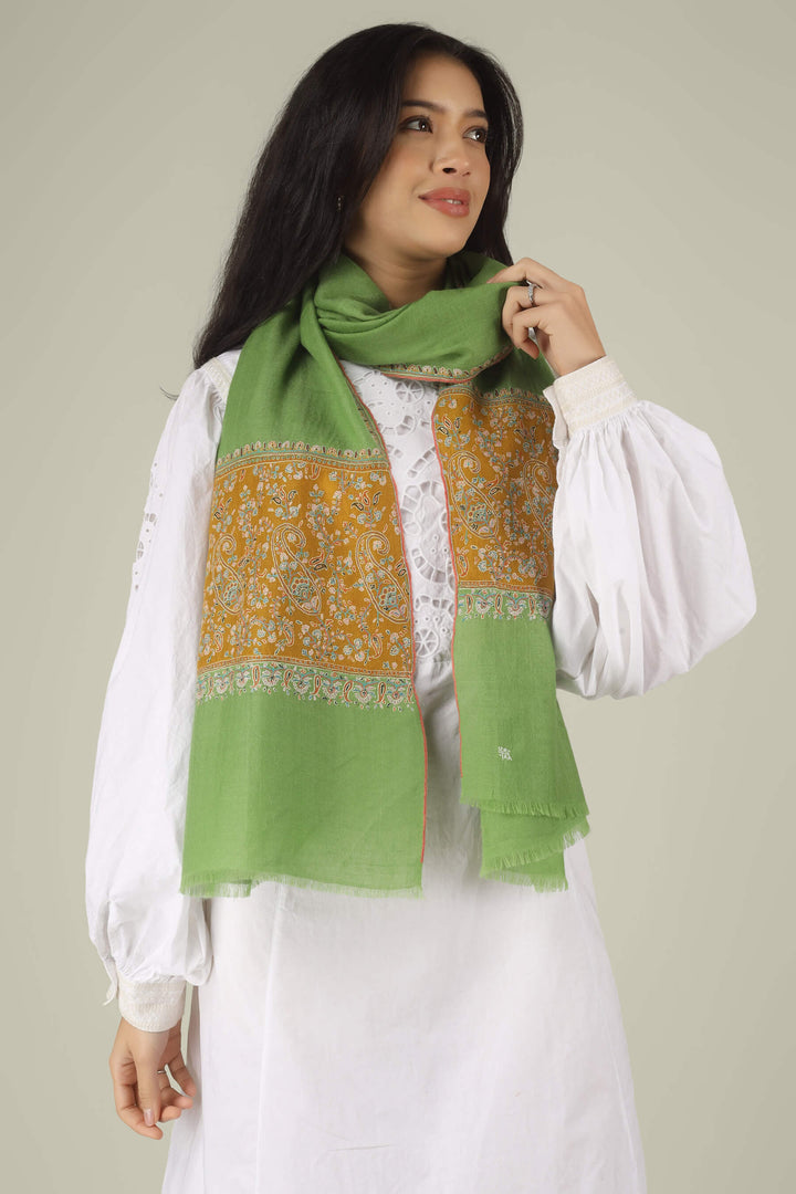 Hand-embroidered green and mustard-gold dual-tone pure Pashmina stole with multi-colored Sozni paisley needlework from Kepra.
    
      | pashmina shawls online | authentic Kashmiri pashmina shawl online | pure pashmina shawl online | original GI certified pashmina shawl online | luxury men's pashmina shawl online from Kashmir | where to buy online pure pashmina in India
    
    | GI Tag Certified - Government-verified authentic Kashmiri Pashmina
    | G20 Official Partner - Selected by India for G20 Summit gifting
    | Handicraft Registered - Official recognition of traditional craftsmanship
    | Certificate of Authenticity - Every purchase includes GI certification