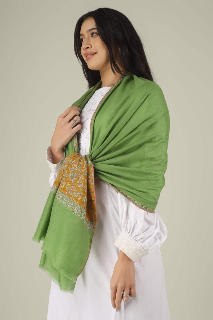 Hand-embroidered green and mustard-gold dual-tone pure Pashmina stole with multi-colored Sozni paisley needlework from Kepra.
    
      | pashmina shawls online | authentic Kashmiri pashmina shawl online | pure pashmina shawl online | original GI certified pashmina shawl online | luxury men's pashmina shawl online from Kashmir | where to buy online pure pashmina in India
    
    | GI Tag Certified - Government-verified authentic Kashmiri Pashmina
    | G20 Official Partner - Selected by India for G20 Summit gifting
    | Handicraft Registered - Official recognition of traditional craftsmanship
    | Certificate of Authenticity - Every purchase includes GI certification