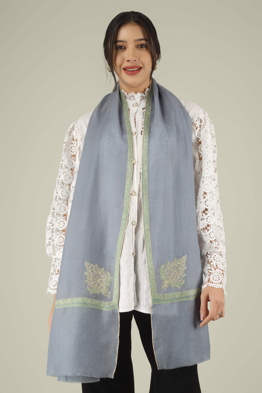 Hand-embroidered dusty grey pure Pashmina stole with silver-tone corner paisley motifs and a delicate Hashidaar Sozni border from Kepra.