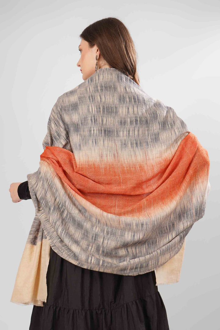 "Pashmina Layla Woven Shawl | Gradient Ombre Effect with Beige and Burnished Orange | Handwoven Kashmiri Pashmina Wool with Ikat-Like Pattern"