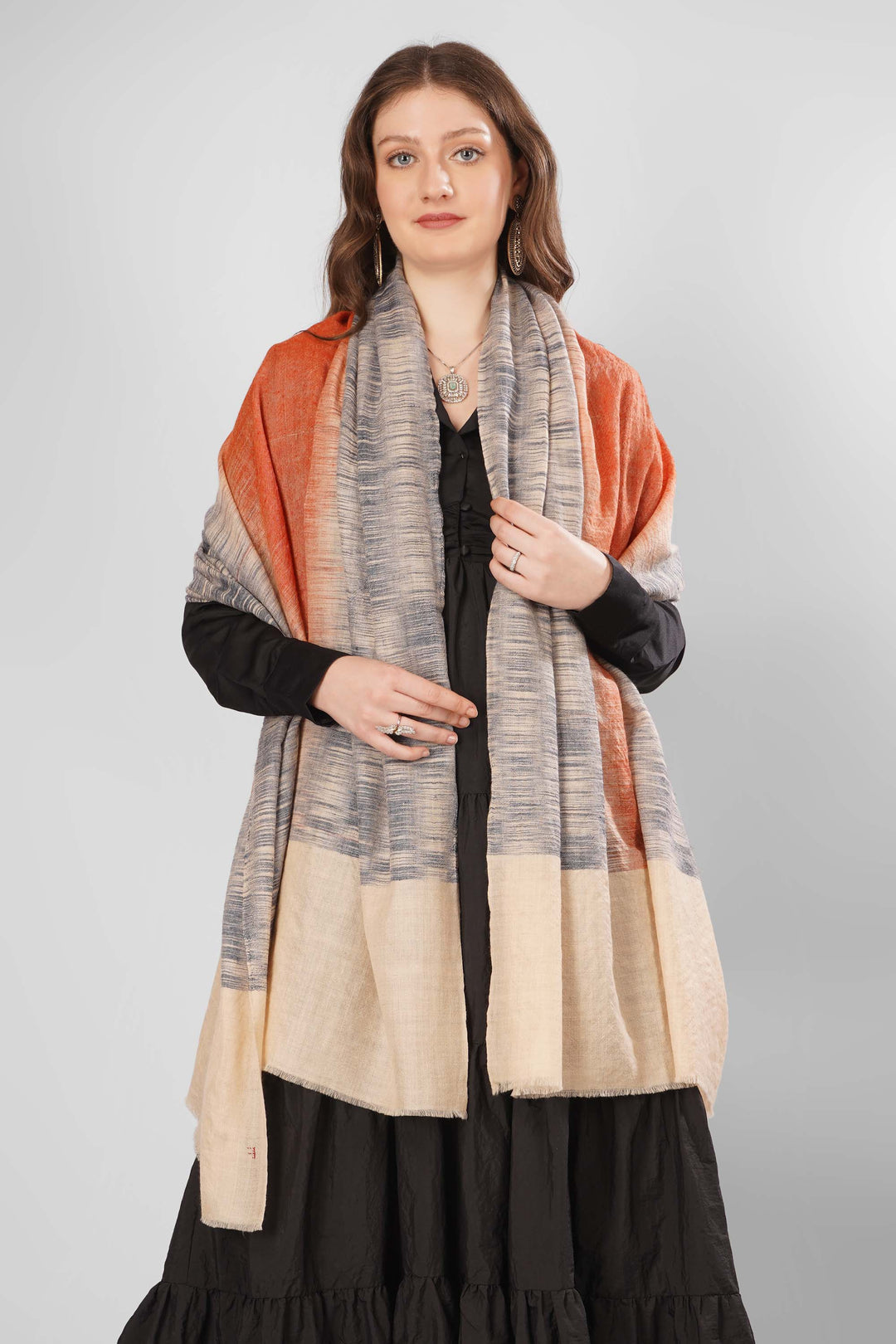 "Pashmina Layla Woven Shawl | Gradient Ombre Effect with Beige and Burnished Orange | Handwoven Kashmiri Pashmina Wool with Ikat-Like Pattern"