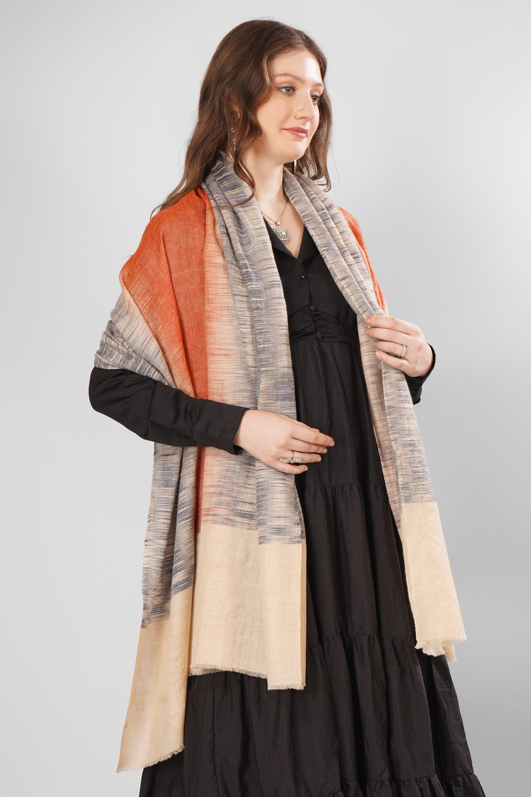 "Pashmina Layla Woven Shawl | Gradient Ombre Effect with Beige and Burnished Orange | Handwoven Kashmiri Pashmina Wool with Ikat-Like Pattern"