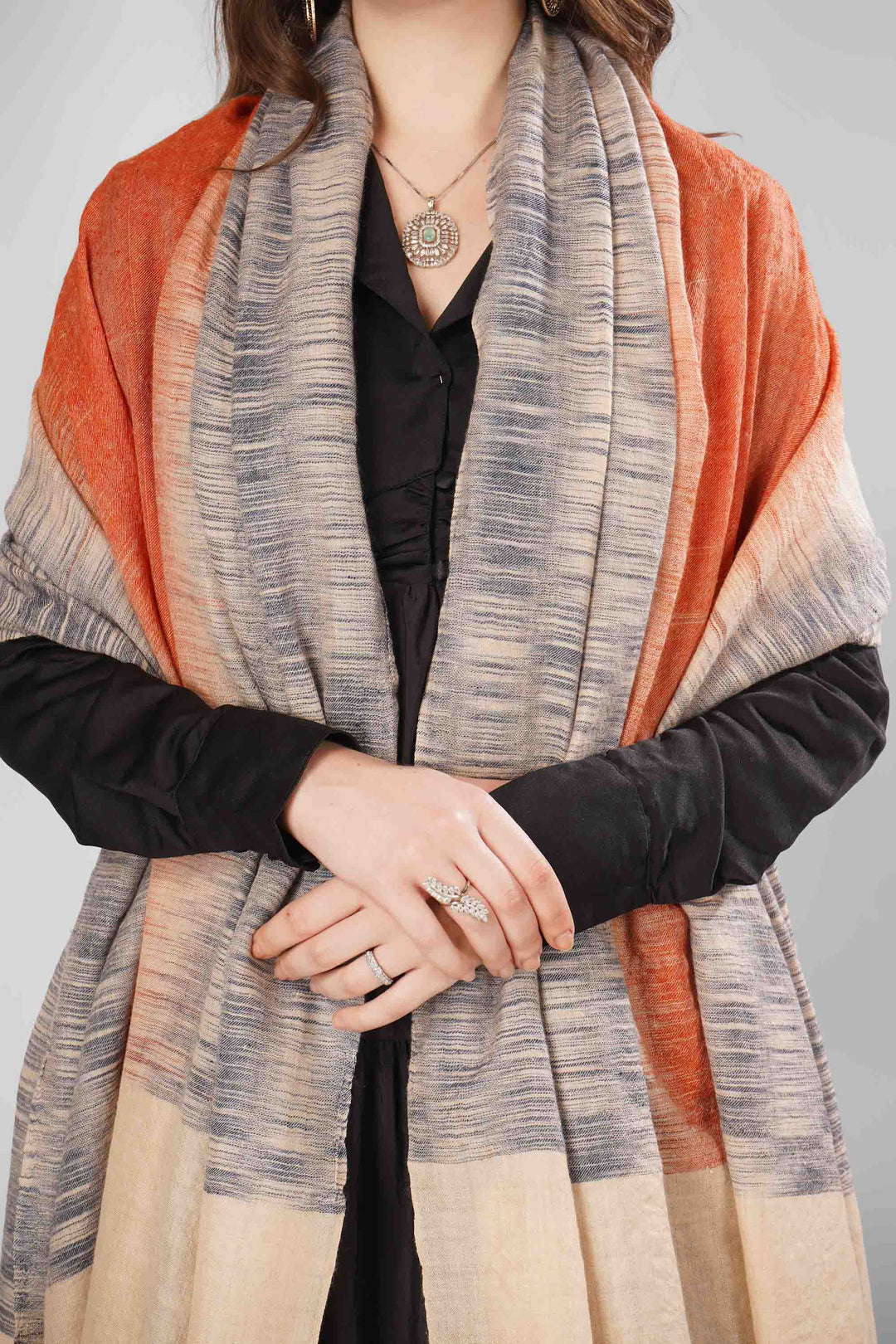 "Pashmina Layla Woven Shawl | Gradient Ombre Effect with Beige and Burnished Orange | Handwoven Kashmiri Pashmina Wool with Ikat-Like Pattern"