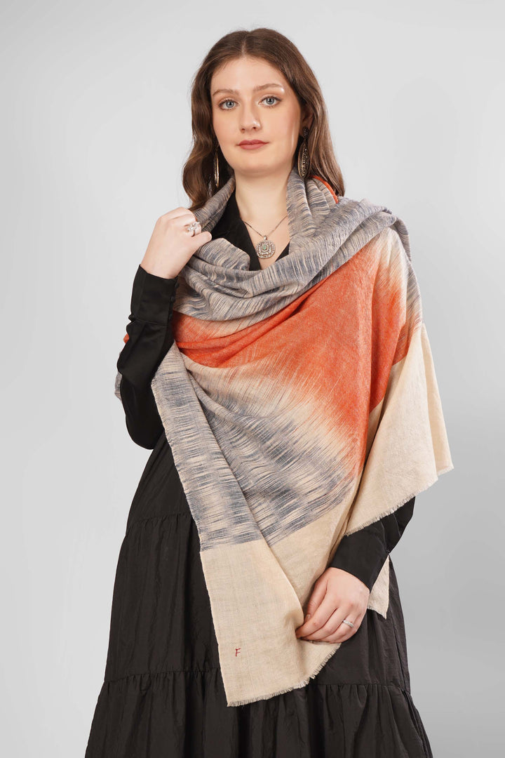 "Pashmina Layla Woven Shawl | Gradient Ombre Effect with Beige and Burnished Orange | Handwoven Kashmiri Pashmina Wool with Ikat-Like Pattern"