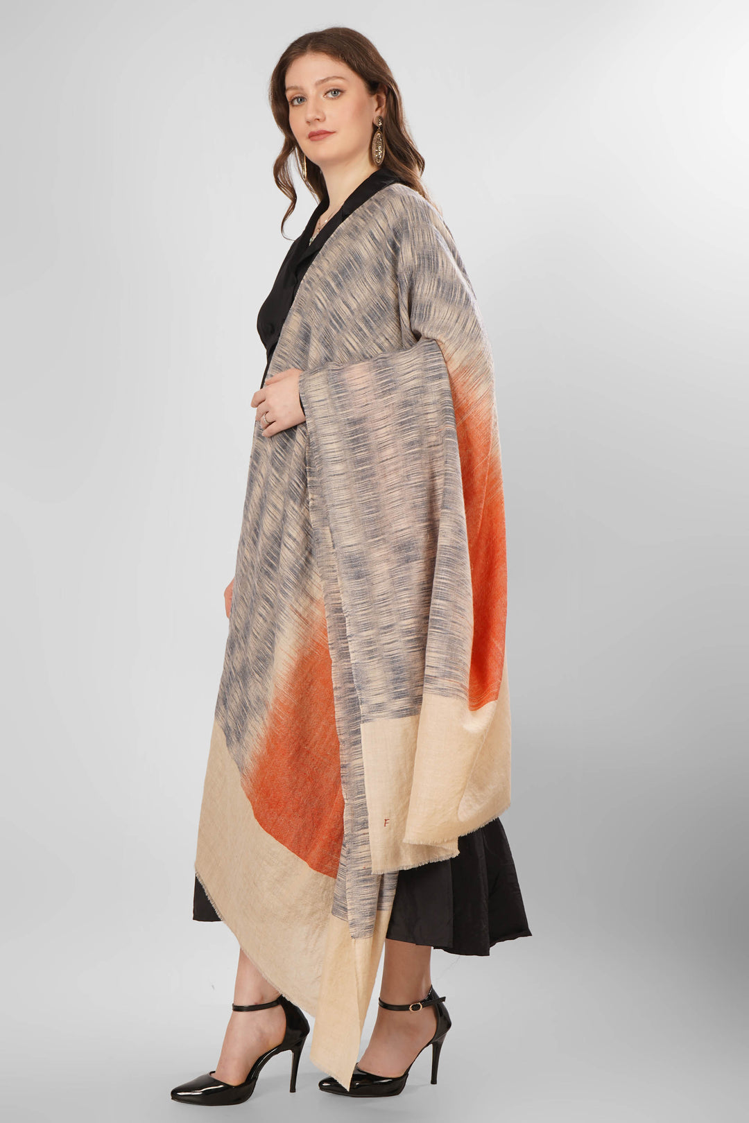 "Pashmina Layla Woven Shawl | Gradient Ombre Effect with Beige and Burnished Orange | Handwoven Kashmiri Pashmina Wool with Ikat-Like Pattern"