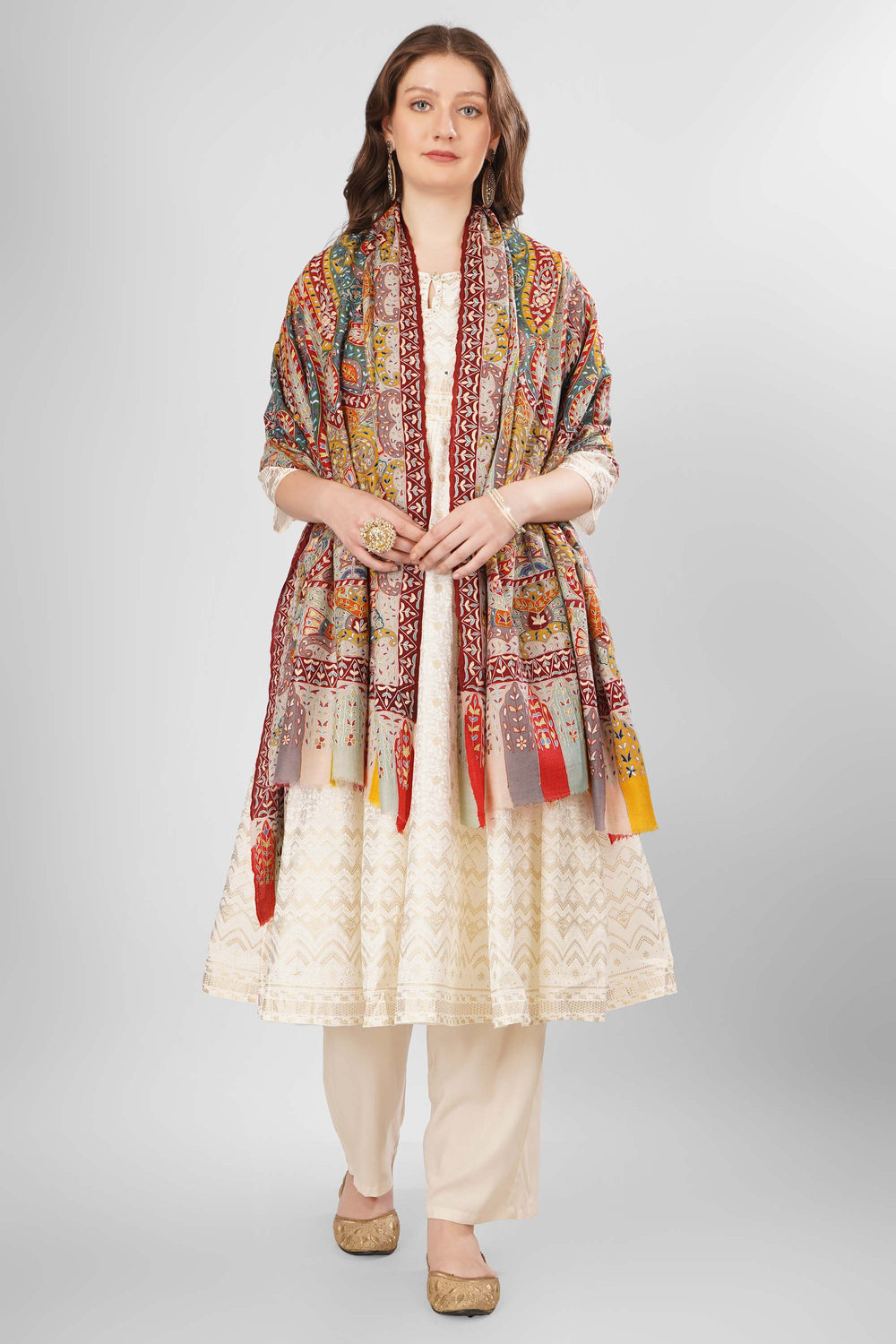 "Pashmina Kalamkari Arwajaan Shawl | Authentic Hand-Painted Kashmiri Pashmina Wool Wrap | Luxury Shawl with Intricate Kalamkari Art | Soft, Warm, Elegant Design for Timeless Style"