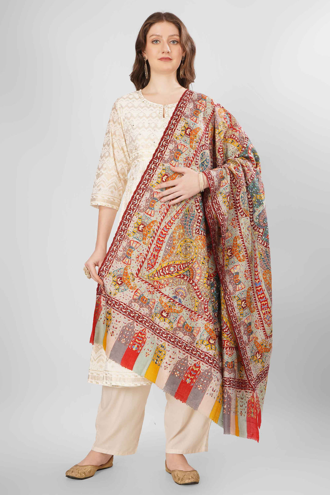 "Pashmina Kalamkari Arwajaan Shawl | Authentic Hand-Painted Kashmiri Pashmina Wool Wrap | Luxury Shawl with Intricate Kalamkari Art | Soft, Warm, Elegant Design for Timeless Style"