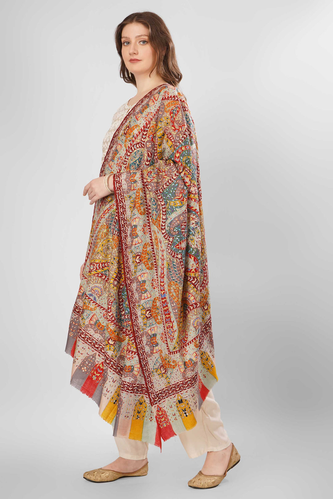 "Pashmina Kalamkari Arwajaan Shawl | Authentic Hand-Painted Kashmiri Pashmina Wool Wrap | Luxury Shawl with Intricate Kalamkari Art | Soft, Warm, Elegant Design for Timeless Style"