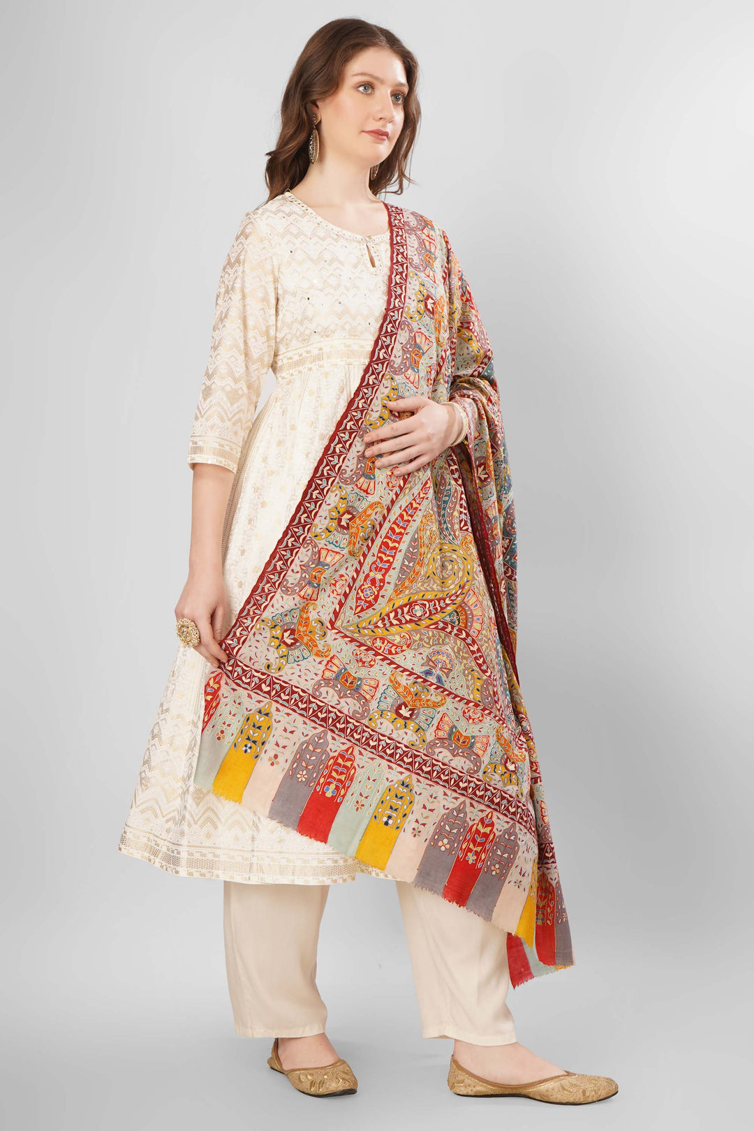 "Pashmina Kalamkari Arwajaan Shawl | Authentic Hand-Painted Kashmiri Pashmina Wool Wrap | Luxury Shawl with Intricate Kalamkari Art | Soft, Warm, Elegant Design for Timeless Style"