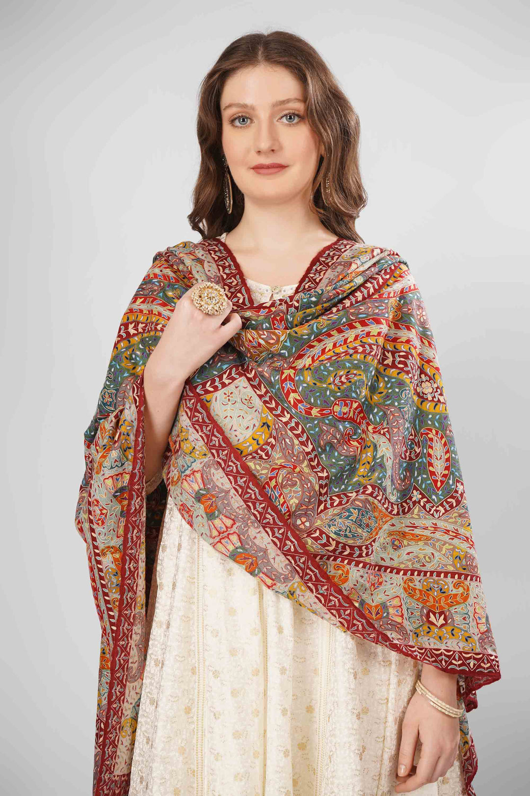 "Pashmina Kalamkari Arwajaan Shawl | Authentic Hand-Painted Kashmiri Pashmina Wool Wrap | Luxury Shawl with Intricate Kalamkari Art | Soft, Warm, Elegant Design for Timeless Style"