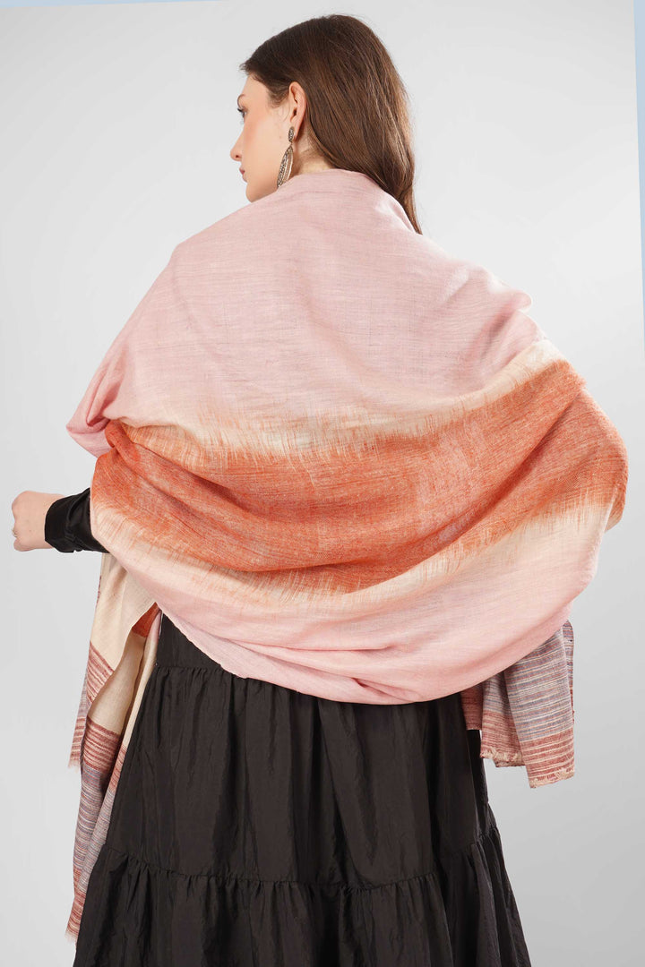 "Pashmina Nadia Green Woven Shawl | Gradient Soft Pink to Terracotta Orange with Muted Pink, Orange, and Grey Stripes | Lightweight Authentic Kashmiri Pashmina Wool"