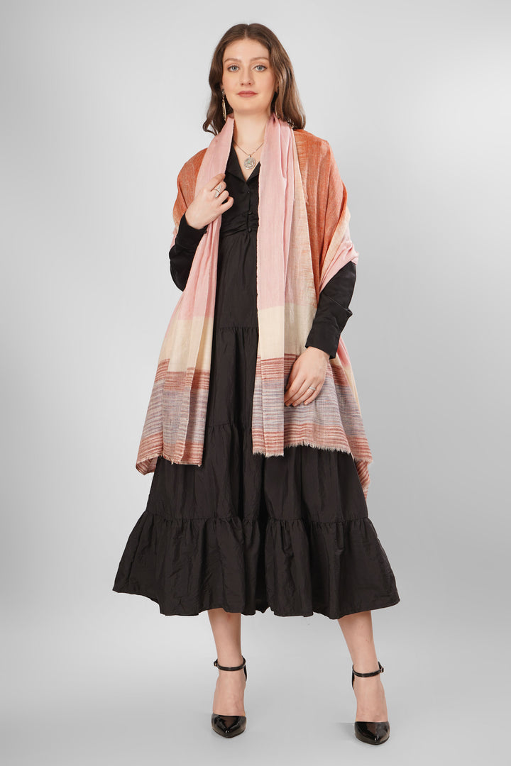 "Pashmina Nadia Green Woven Shawl | Gradient Soft Pink to Terracotta Orange with Muted Pink, Orange, and Grey Stripes | Lightweight Authentic Kashmiri Pashmina Wool"