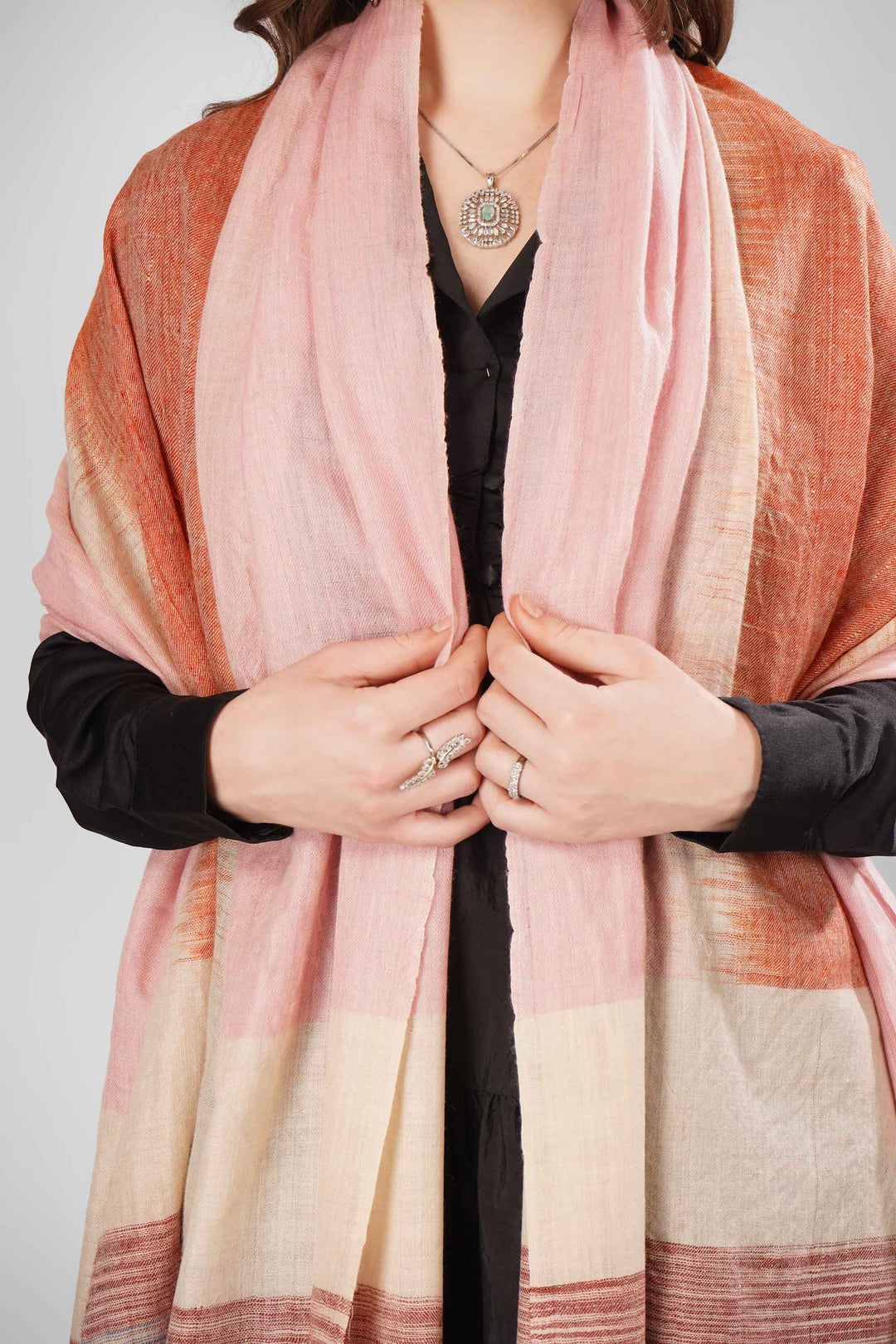 "Pashmina Nadia Green Woven Shawl | Gradient Soft Pink to Terracotta Orange with Muted Pink, Orange, and Grey Stripes | Lightweight Authentic Kashmiri Pashmina Wool"