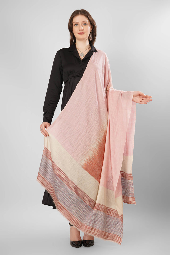 "Pashmina Nadia Green Woven Shawl | Gradient Soft Pink to Terracotta Orange with Muted Pink, Orange, and Grey Stripes | Lightweight Authentic Kashmiri Pashmina Wool"