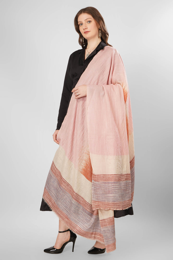 "Pashmina Nadia Green Woven Shawl | Gradient Soft Pink to Terracotta Orange with Muted Pink, Orange, and Grey Stripes | Lightweight Authentic Kashmiri Pashmina Wool"