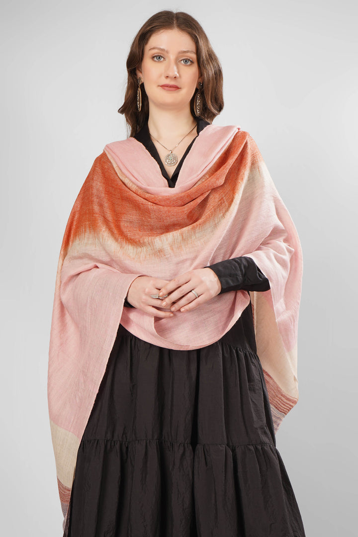 "Pashmina Nadia Green Woven Shawl | Gradient Soft Pink to Terracotta Orange with Muted Pink, Orange, and Grey Stripes | Lightweight Authentic Kashmiri Pashmina Wool"