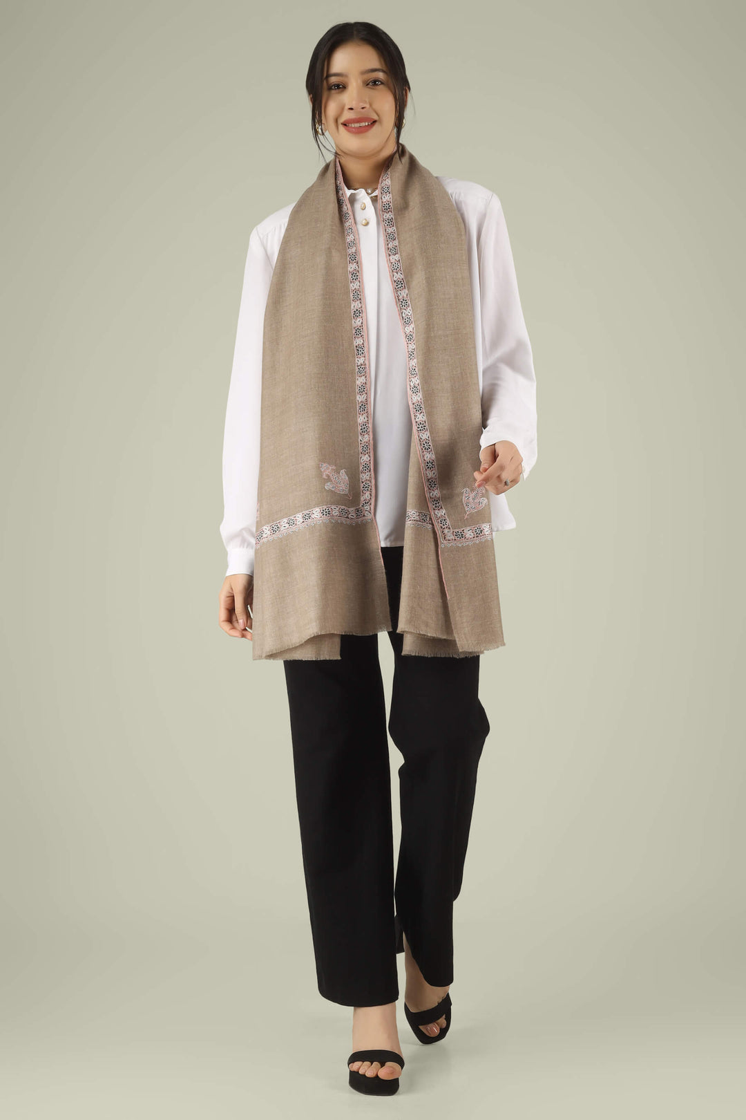 Hand-embroidered natural taupe pure Pashmina stole featuring maroon and ivory Sozni corner paisley (Buta) motifs and a delicate Hashidaar border from Kepra.