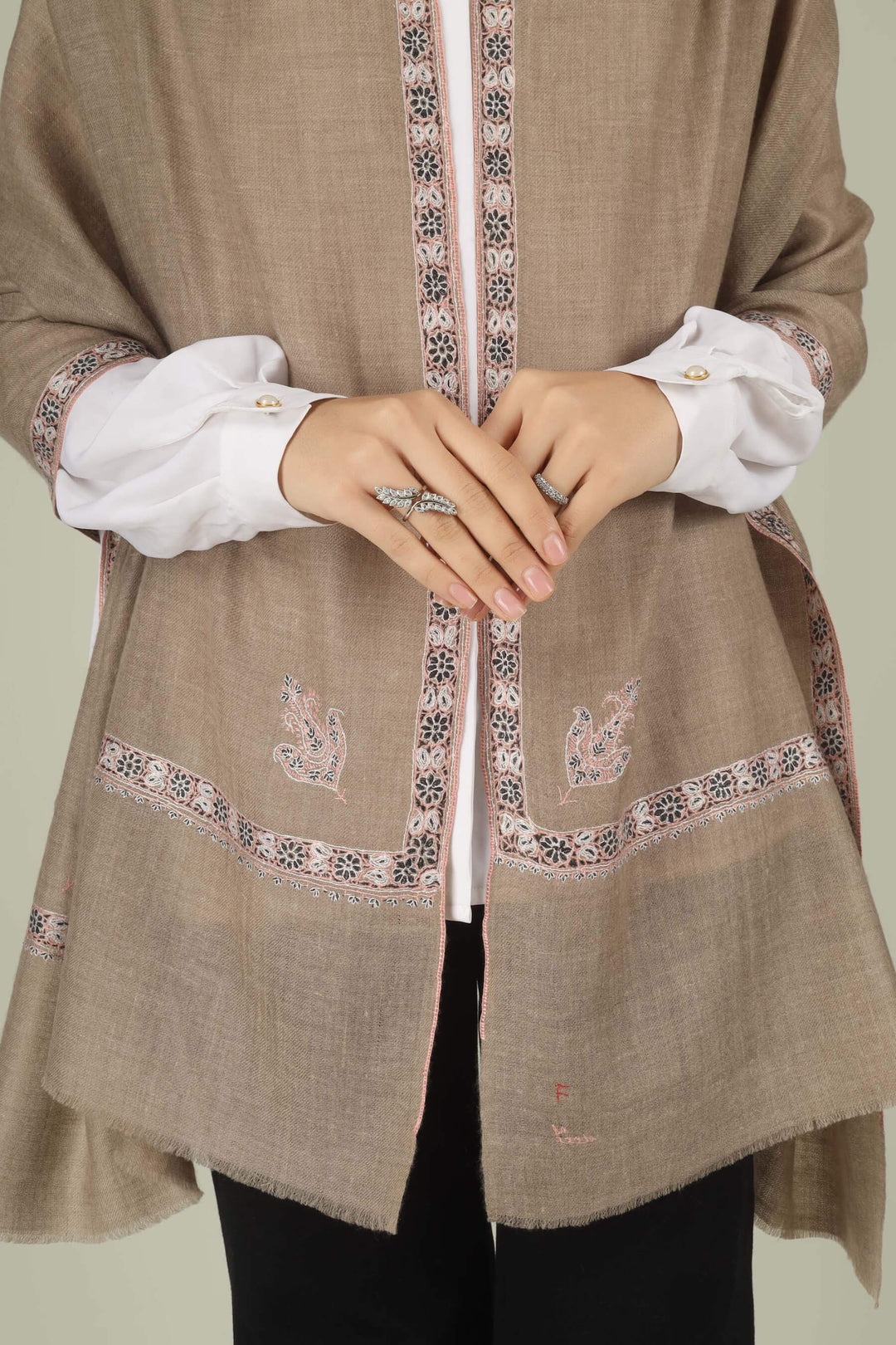 Hand-embroidered natural taupe pure Pashmina stole featuring maroon and ivory Sozni corner paisley (Buta) motifs and a delicate Hashidaar border from Kepra.