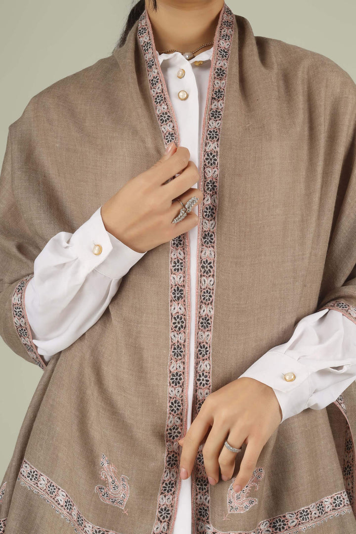 Hand-embroidered natural taupe pure Pashmina stole featuring maroon and ivory Sozni corner paisley (Buta) motifs and a delicate Hashidaar border from Kepra.
    
      | pashmina shawls online | authentic Kashmiri pashmina shawl online | pure pashmina shawl online | original GI certified pashmina shawl online | luxury men's pashmina shawl online from Kashmir | where to buy online pure pashmina in India
    
    | GI Tag Certified - Government-verified authentic Kashmiri Pashmina
    | G20 Official Partner - Selected by India for G20 Summit gifting
    | Handicraft Registered - Official recognition of traditional craftsmanship
    | Certificate of Authenticity - Every purchase includes GI certification