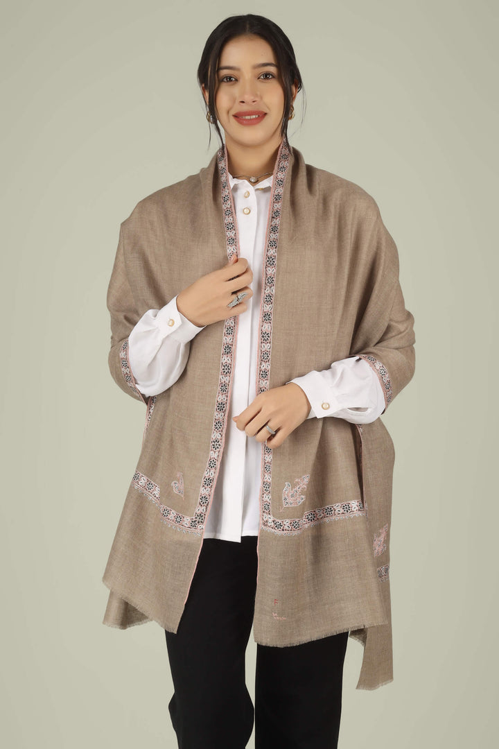 Hand-embroidered natural taupe pure Pashmina stole featuring maroon and ivory Sozni corner paisley (Buta) motifs and a delicate Hashidaar border from Kepra.
    
      | pashmina shawls online | authentic Kashmiri pashmina shawl online | pure pashmina shawl online | original GI certified pashmina shawl online | luxury men's pashmina shawl online from Kashmir | where to buy online pure pashmina in India
    
    | GI Tag Certified - Government-verified authentic Kashmiri Pashmina
    | G20 Official Partner - Selected by India for G20 Summit gifting
    | Handicraft Registered - Official recognition of traditional craftsmanship
    | Certificate of Authenticity - Every purchase includes GI certification