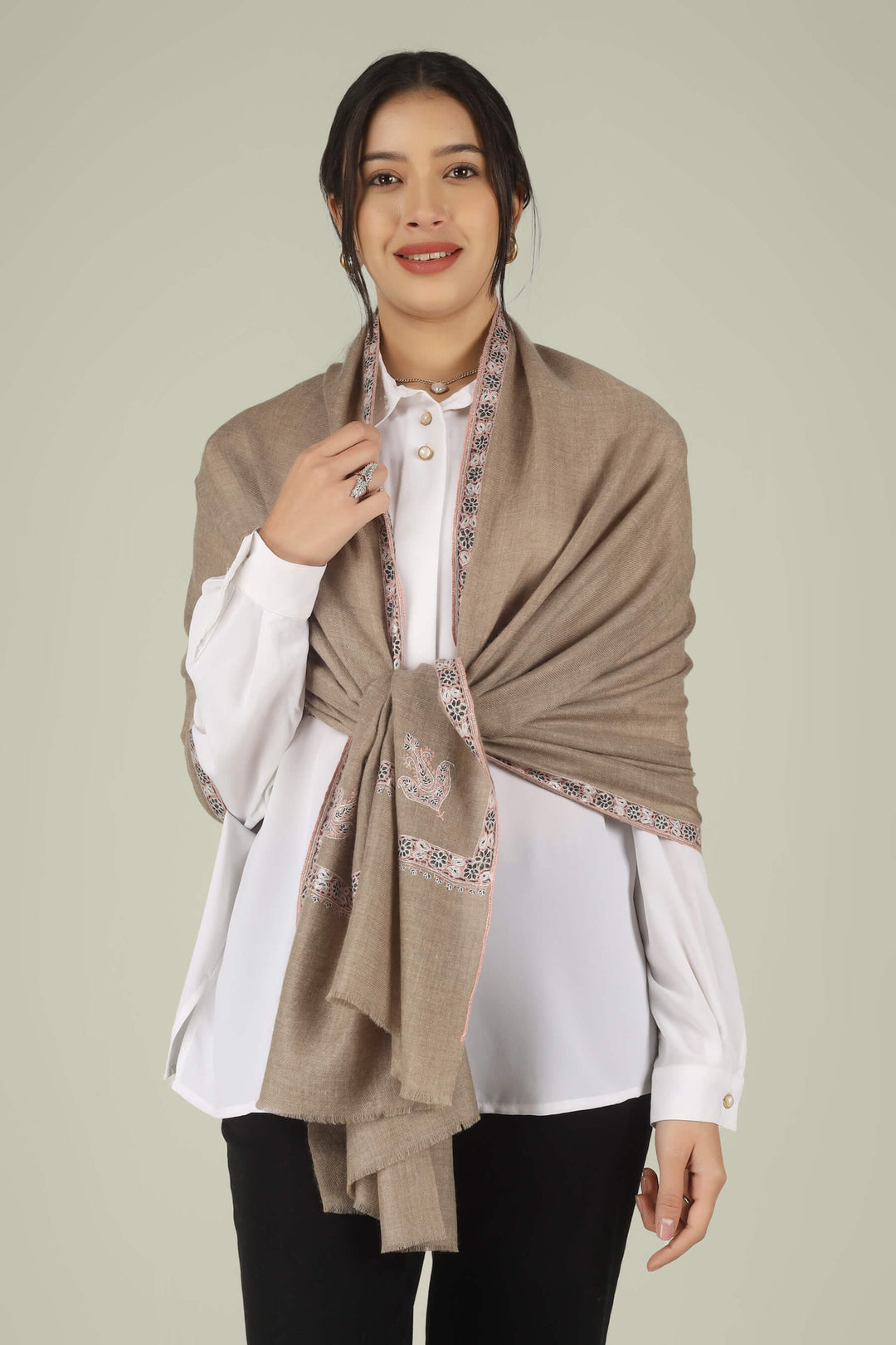 Hand-embroidered natural taupe pure Pashmina stole featuring maroon and ivory Sozni corner paisley (Buta) motifs and a delicate Hashidaar border from Kepra.