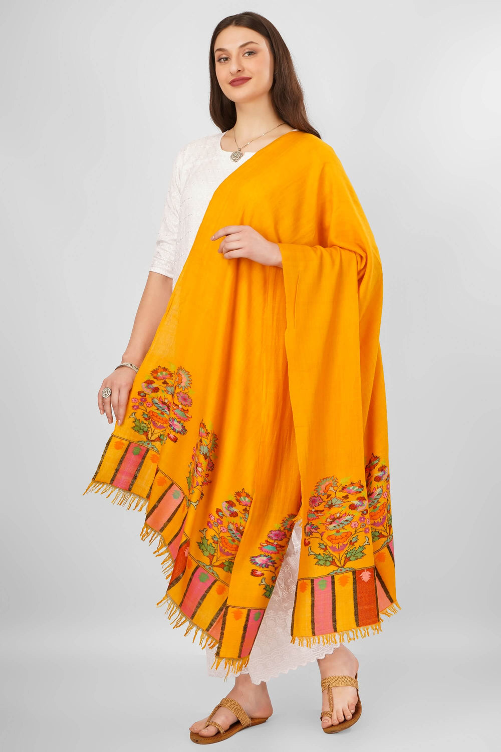 "Pashmina Kani Golden Yellow Paladaar Shawl | Authentic Kashmiri Kani Pashmina Shawl | Handwoven Luxury Pashmina Wool Wrap | Soft, Warm, Elegant Traditional Shawl from Kashmir | Premium Craftsmanship and Heritage Weave"