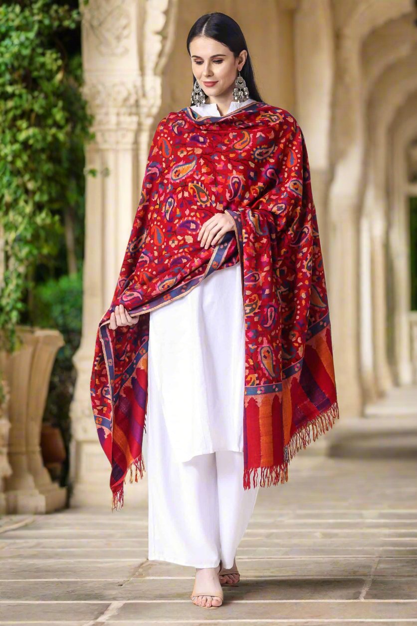 Kashmiri Traditional Shawl White Color Kashmiri Work Embroidered