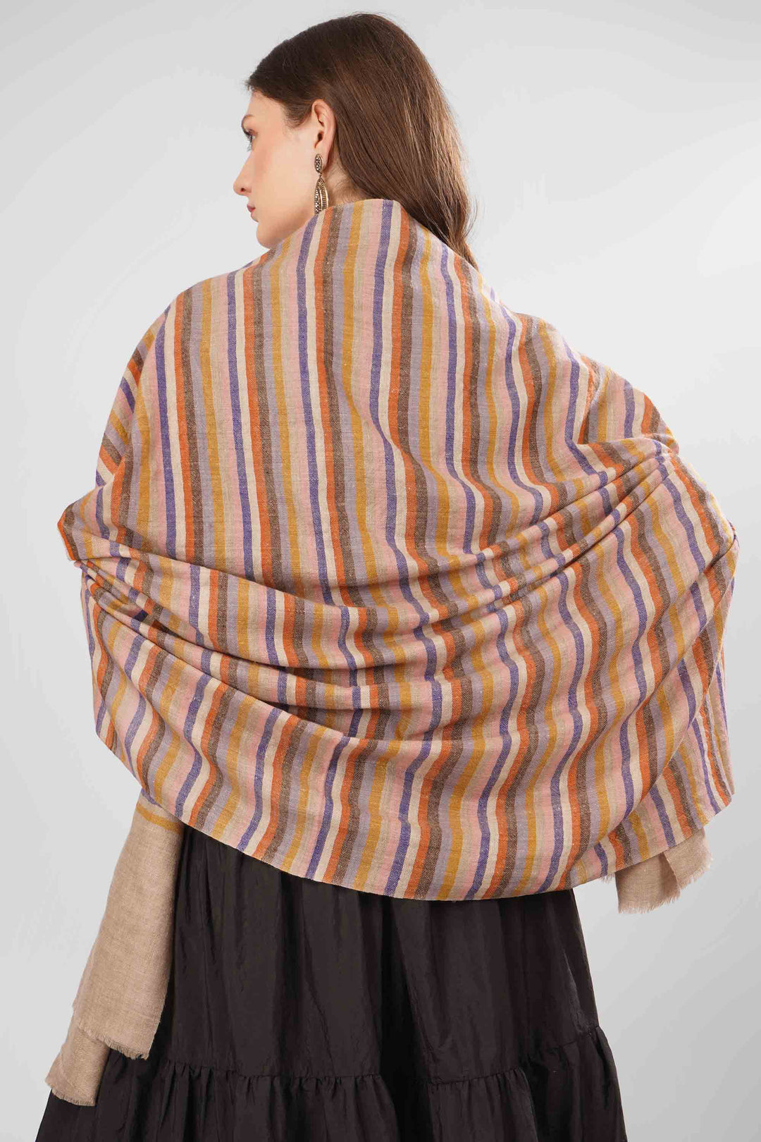 Pashmina Samira Green Woven Shawl | Handwoven with Vertical Stripes in Orange, Pink, Purple, Brown, and Beige | Soft Lightweight Kashmiri Pashmina Wool Shawl"