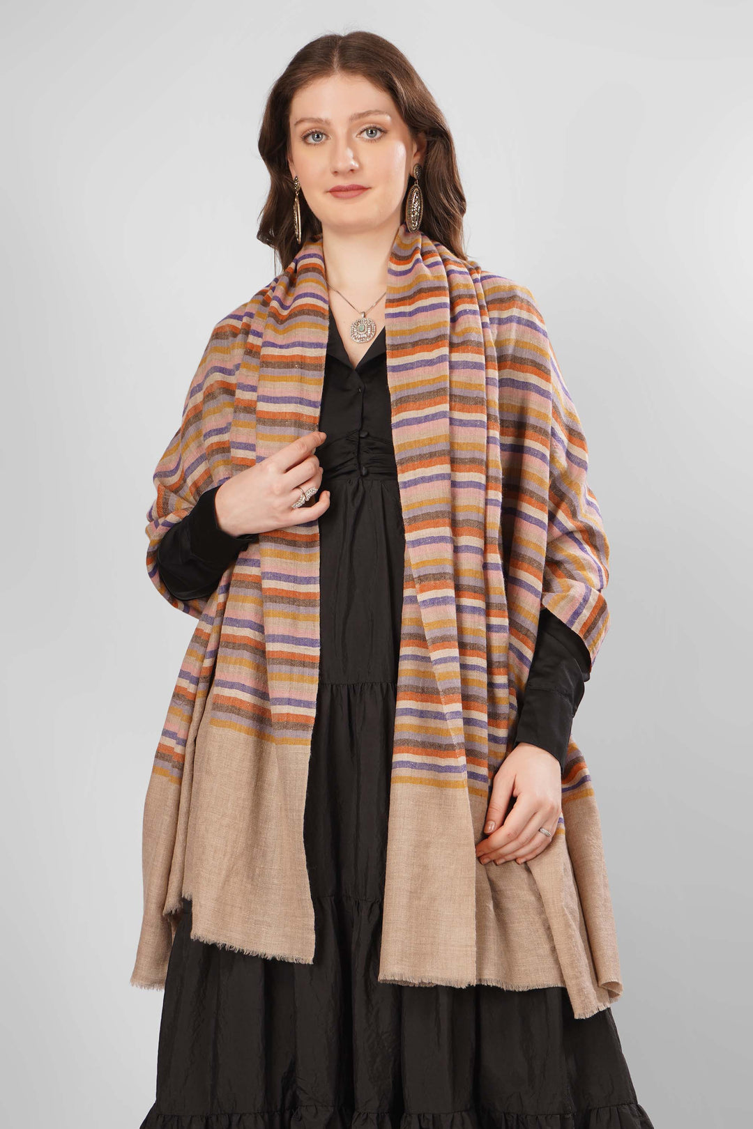 Pashmina Samira Green Woven Shawl | Handwoven with Vertical Stripes in Orange, Pink, Purple, Brown, and Beige | Soft Lightweight Kashmiri Pashmina Wool Shawl"