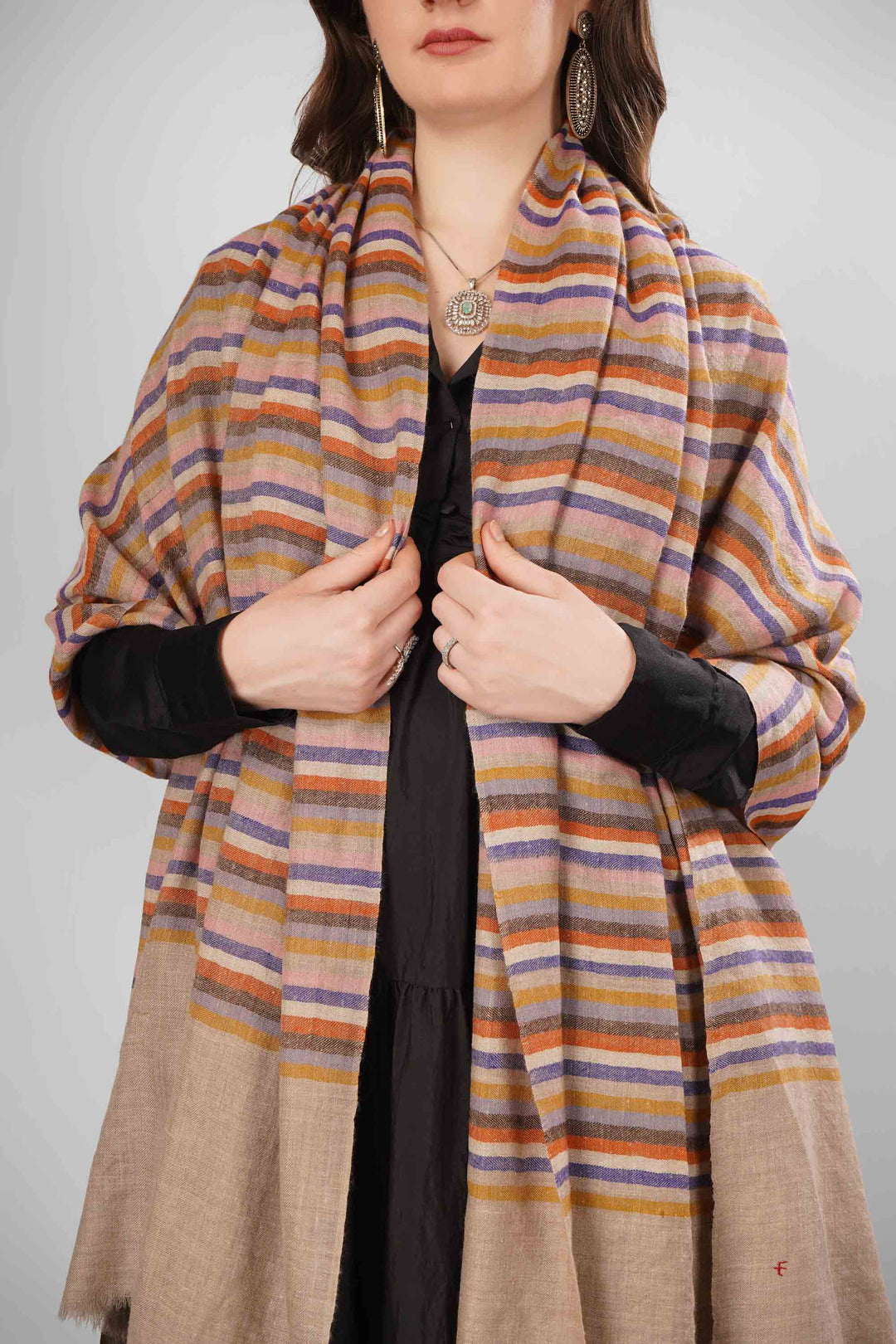 Pashmina Samira Green Woven Shawl | Handwoven with Vertical Stripes in Orange, Pink, Purple, Brown, and Beige | Soft Lightweight Kashmiri Pashmina Wool Shawl"