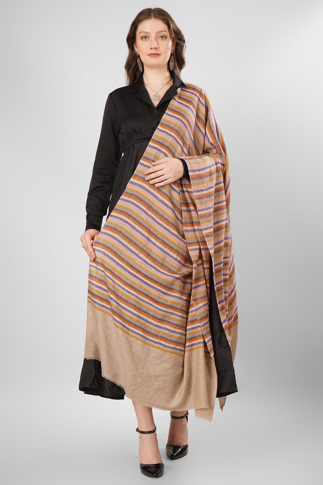 Pashmina Samira Green Woven Shawl | Handwoven with Vertical Stripes in Orange, Pink, Purple, Brown, and Beige | Soft Lightweight Kashmiri Pashmina Wool Shawl"