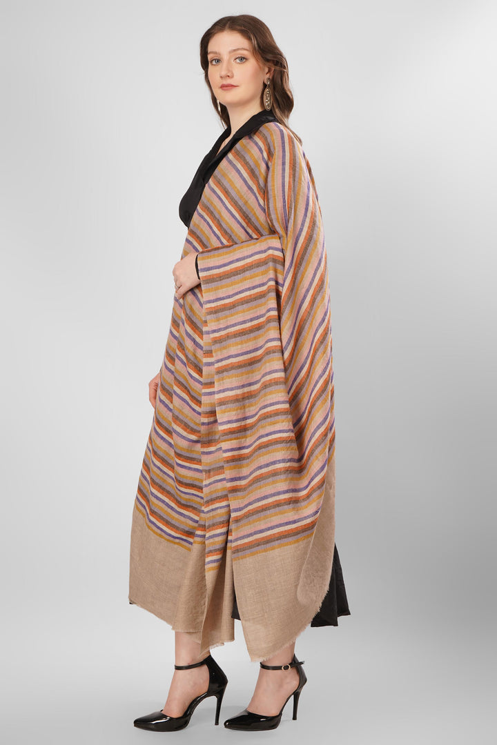 Pashmina Samira Green Woven Shawl | Handwoven with Vertical Stripes in Orange, Pink, Purple, Brown, and Beige | Soft Lightweight Kashmiri Pashmina Wool Shawl"