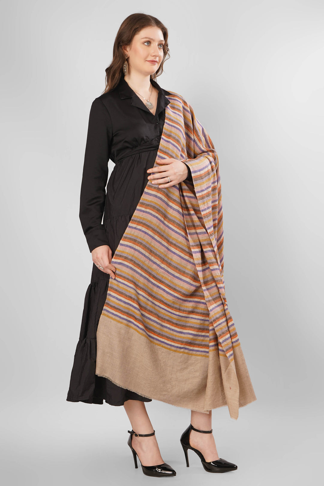 Pashmina Samira Green Woven Shawl | Handwoven with Vertical Stripes in Orange, Pink, Purple, Brown, and Beige | Soft Lightweight Kashmiri Pashmina Wool Shawl"