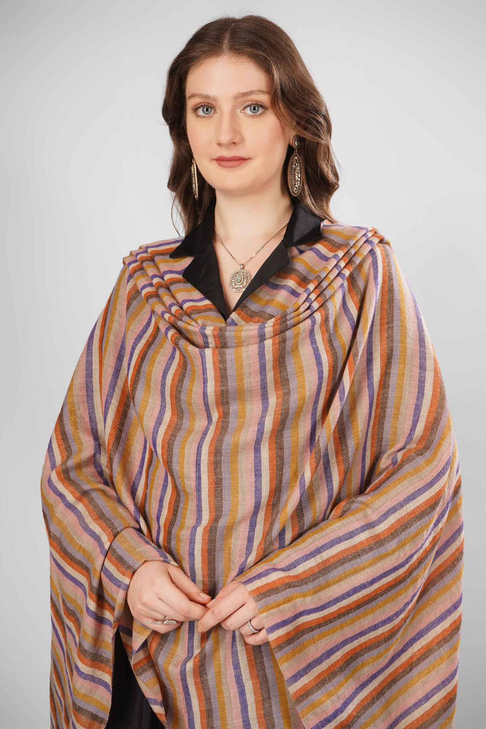 Pashmina Samira Green Woven Shawl | Handwoven with Vertical Stripes in Orange, Pink, Purple, Brown, and Beige | Soft Lightweight Kashmiri Pashmina Wool Shawl"