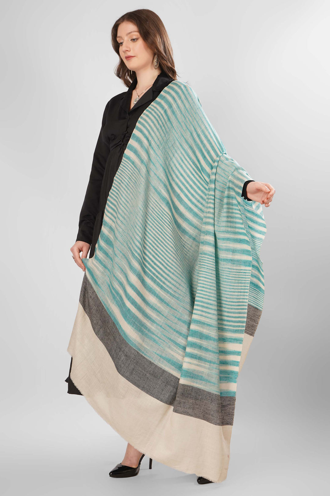 "Pashmina Aaliyah White with Green Woven Shawl | Authentic Kashmiri Pashmina Wool | Luxury Handwoven Shawl for Women | Pure Pashmina Elegance | Soft, Warm, and Elegant Design for All Seasons"