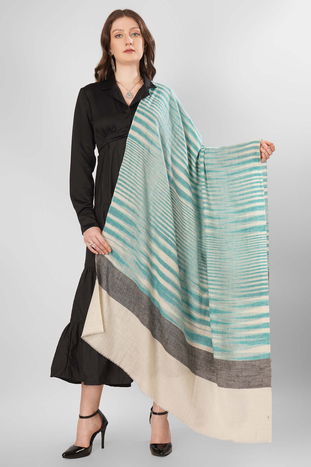 "Pashmina Aaliyah White with Green Woven Shawl | Authentic Kashmiri Pashmina Wool | Luxury Handwoven Shawl for Women | Pure Pashmina Elegance | Soft, Warm, and Elegant Design for All Seasons"