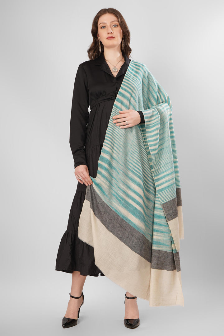 "Pashmina Aaliyah White with Green Woven Shawl | Authentic Kashmiri Pashmina Wool | Luxury Handwoven Shawl for Women | Pure Pashmina Elegance | Soft, Warm, and Elegant Design for All Seasons"