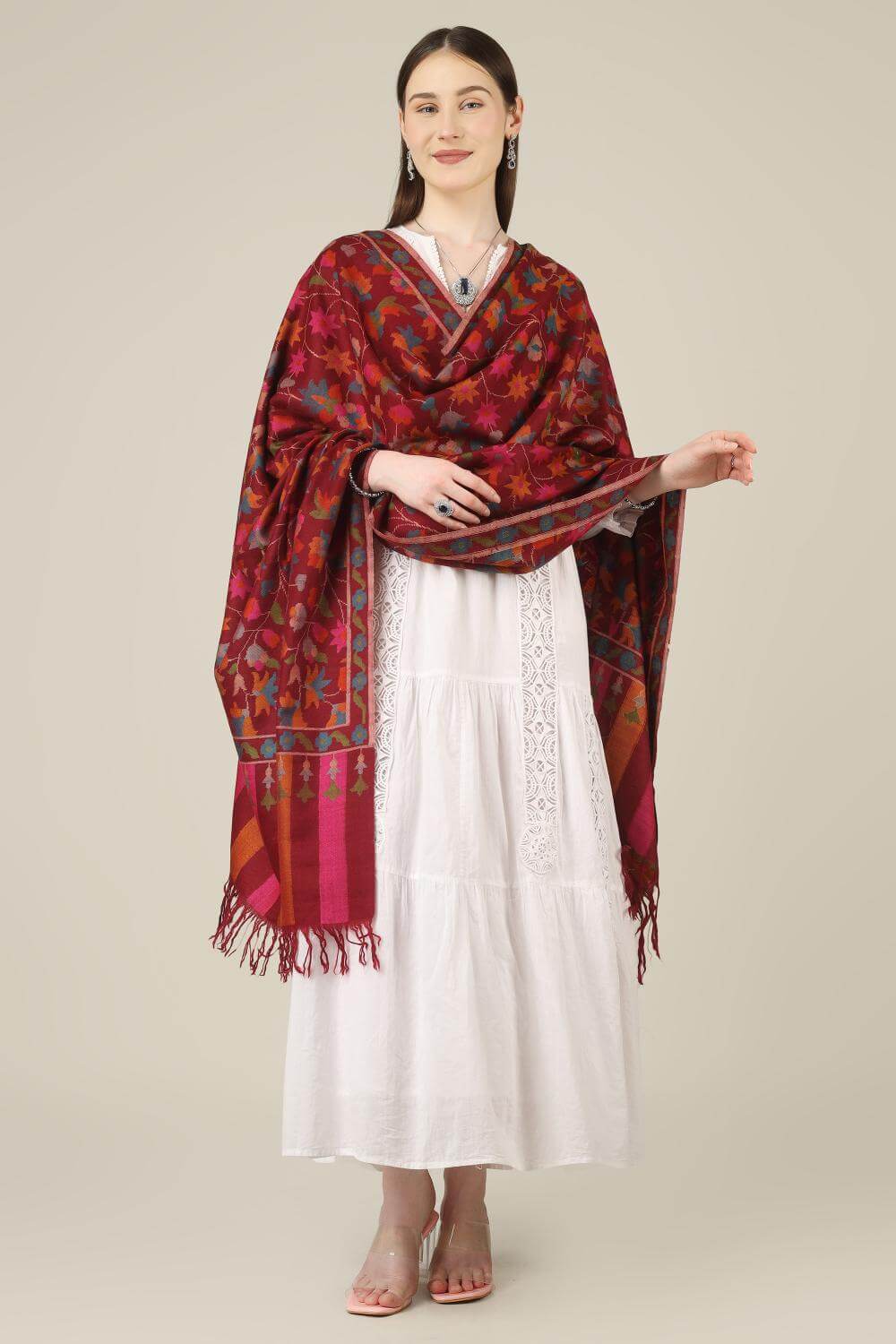 authentic kani pashmina shawls online, this maroon piece offers timeless craftsmanship, soft warmth, and a bold heritage look that stands out effortlessly