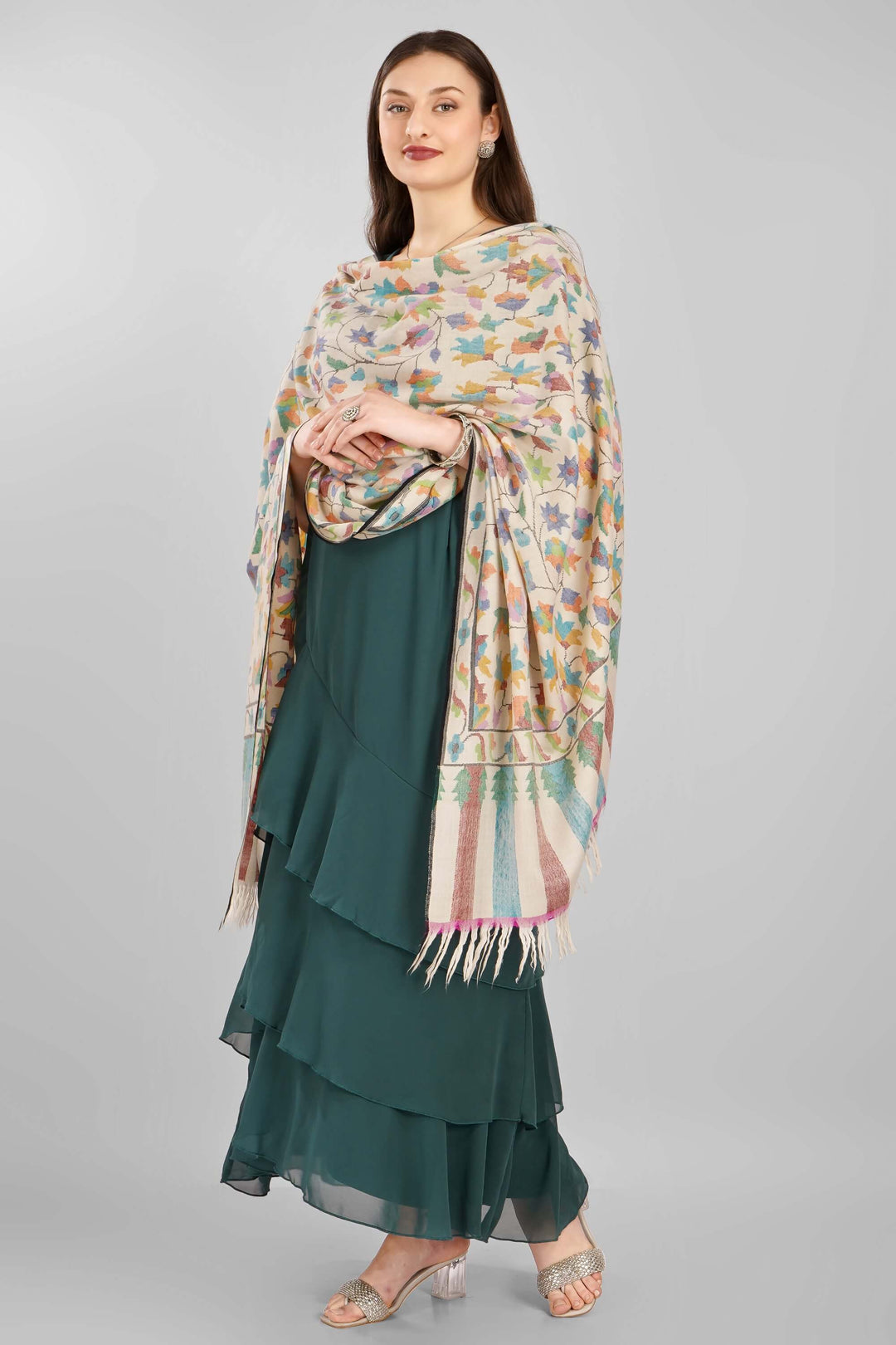 "Pashmina Kani White Tulip Shawl | Authentic Handwoven Kashmiri Kani Pashmina Shawl | Luxury Soft Wool Wrap with Elegant Tulip Motifs | Warm, Elegant, Heritage Shawl for All Seasons"