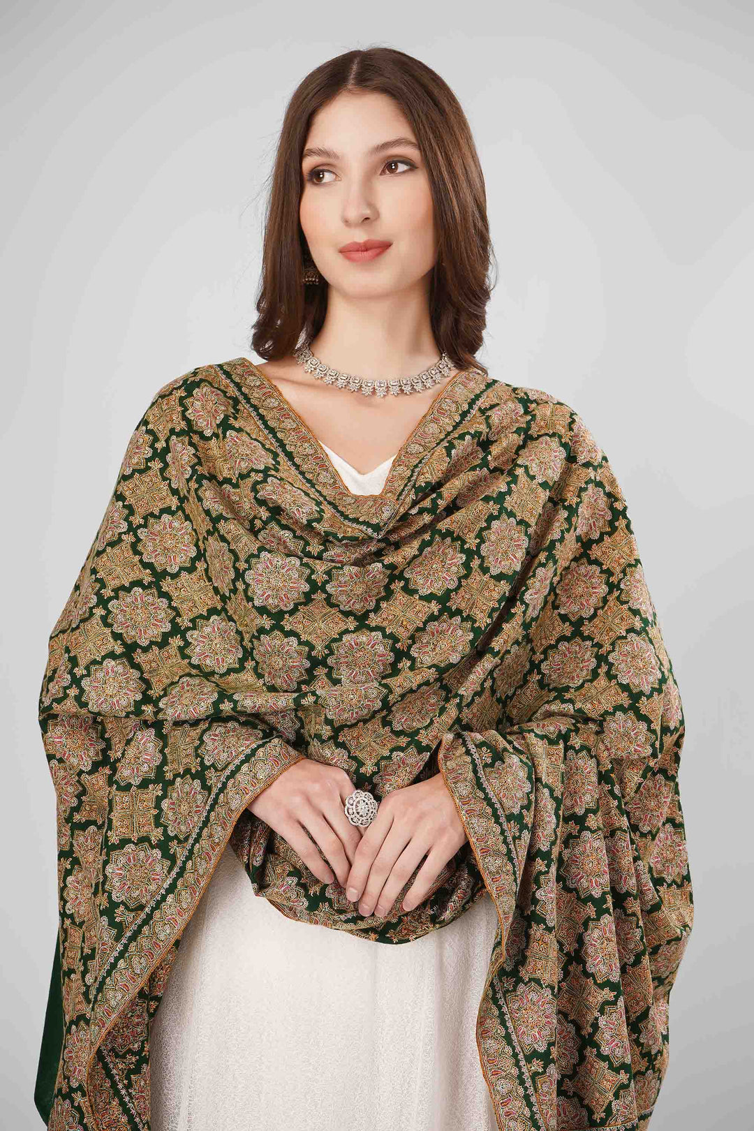 Pashmina Jama Sozni Emerald Green Shawl | Authentic GI-Certified Kashmiri Pashmina Wool | Luxurious Handwoven Shawl for Style and Warmth| kepra