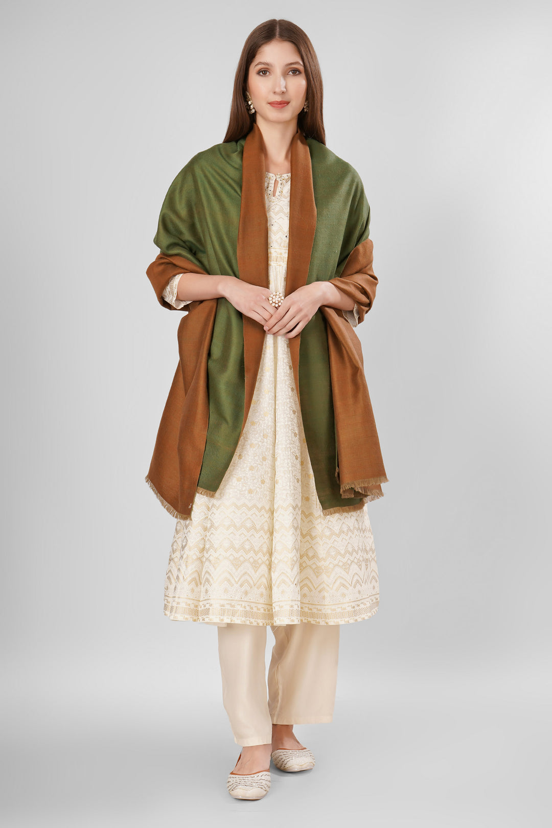 Pashmina Reversible Shawl | Brown & Green Handwoven Kashmiri Pashmina by Kepra | Luxurious GI-Certified Wrap for Timeless Elegance