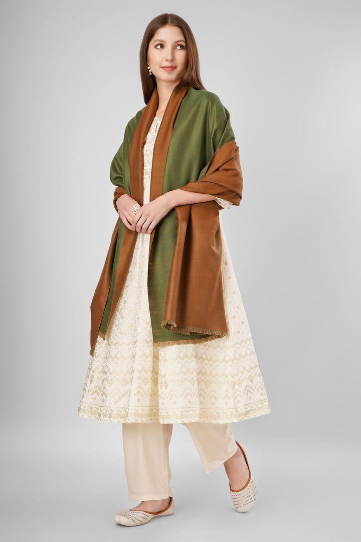 Pashmina Reversible Shawl | Brown & Green Handwoven Kashmiri Pashmina by Kepra | Luxurious GI-Certified Wrap for Timeless Elegance