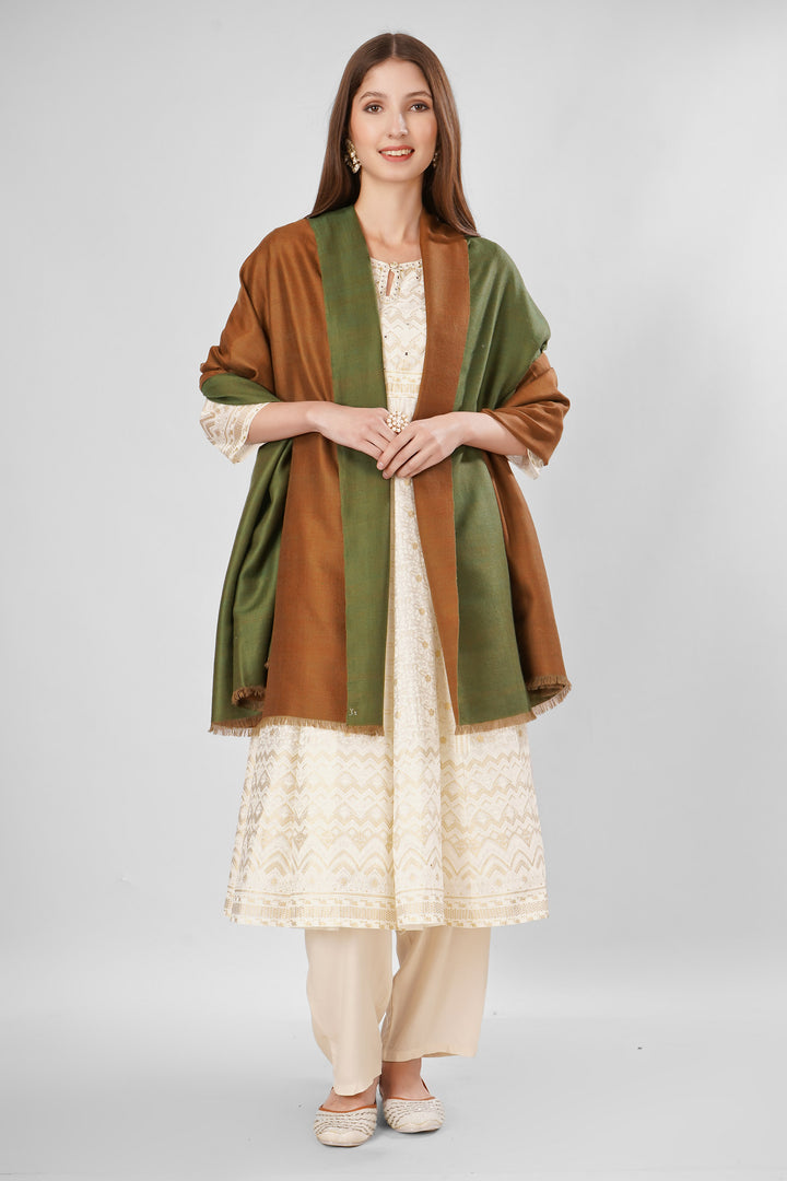 Pashmina Reversible Shawl | Brown & Green Handwoven Kashmiri Pashmina by Kepra | Luxurious GI-Certified Wrap for Timeless Elegance