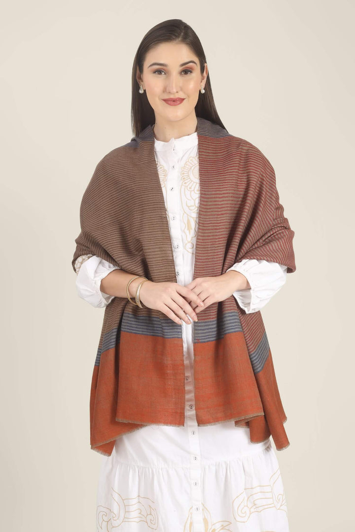 Model draped in a multicolour Pure Kashmiri Pashmina shawl with woven grey-blue, rust-red and taupe stripes and a wide plain rust border over a white embroidered dress.
    
      | pashmina shawls online | authentic Kashmiri pashmina shawl online | pure pashmina shawl online | original GI certified pashmina shawl online | luxury men's pashmina shawl online from Kashmir | where to buy online pure pashmina in India
    
    | GI Tag Certified - Government-verified authentic Kashmiri Pashmina
    | G20 Official Partner - Selected by India for G20 Summit gifting
    | Handicraft Registered - Official recognition of traditional craftsmanship
    | Certificate of Authenticity - Every purchase includes GI certification