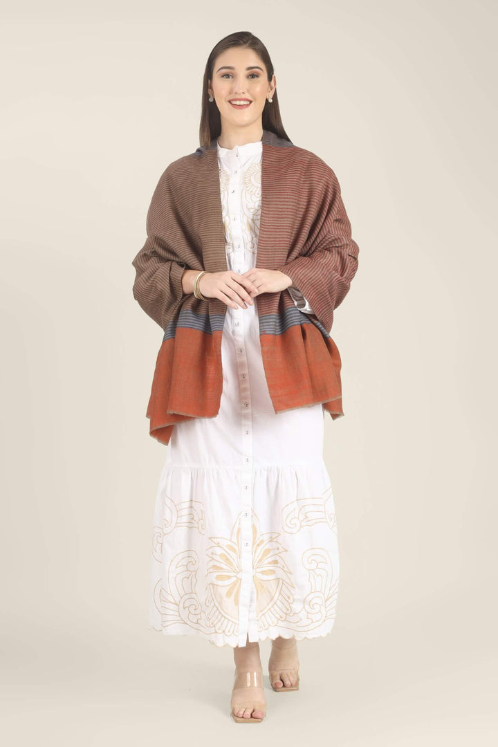Model draped in a multicolour Pure Kashmiri Pashmina shawl with woven grey-blue, rust-red and taupe stripes and a wide plain rust border over a white embroidered dress.
    
      | pashmina shawls online | authentic Kashmiri pashmina shawl online | pure pashmina shawl online | original GI certified pashmina shawl online | luxury men's pashmina shawl online from Kashmir | where to buy online pure pashmina in India
    
    | GI Tag Certified - Government-verified authentic Kashmiri Pashmina
    | G20 Official Partner - Selected by India for G20 Summit gifting
    | Handicraft Registered - Official recognition of traditional craftsmanship
    | Certificate of Authenticity - Every purchase includes GI certification