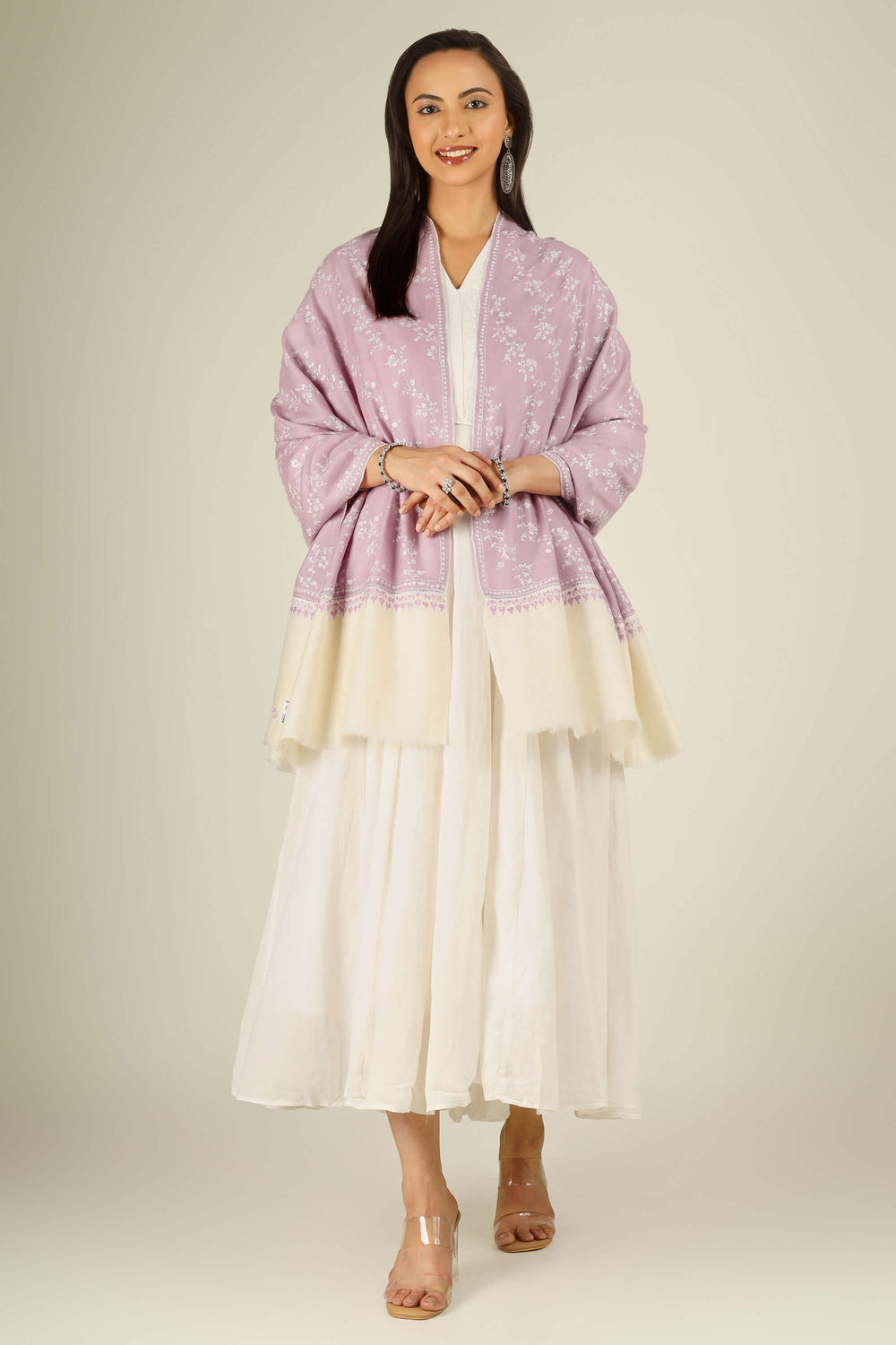 Lilac Kashmiri pure pashmina embroidered stole with cream base by Kepra, worn over white dress, front view for Rome winter styling