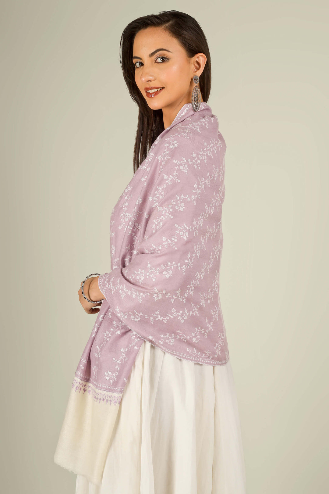 Lilac Kashmiri pure pashmina embroidered stole with cream base by Kepra, worn over white dress, front view for Rome winter styling